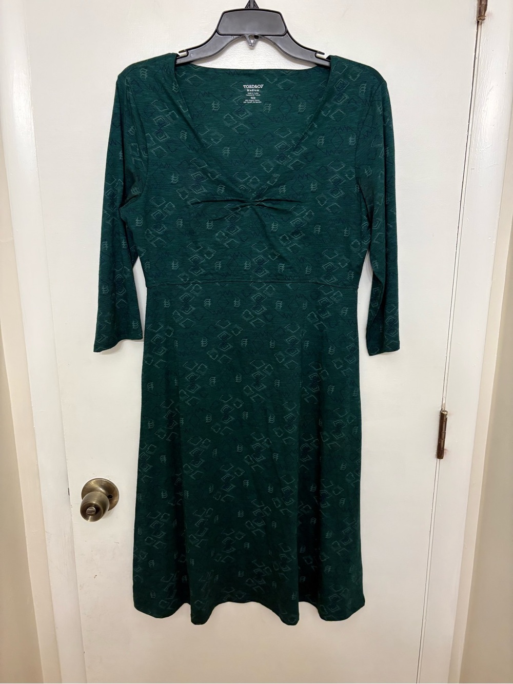Toad&Co Rosalinda Dress Forest Green Geometric Print 3/4 Sleeve Midi Vneck M